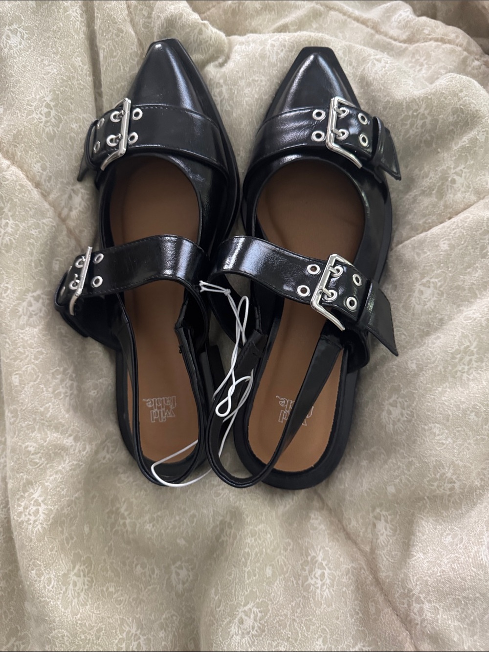 Pointed Buckle Slingback Flats - Black